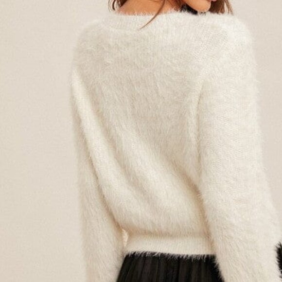 Cream Eyelash Yarn Button Down Crop Cardigan NWT - Picture 2 of 4